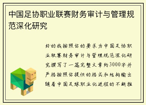 中国足协职业联赛财务审计与管理规范深化研究